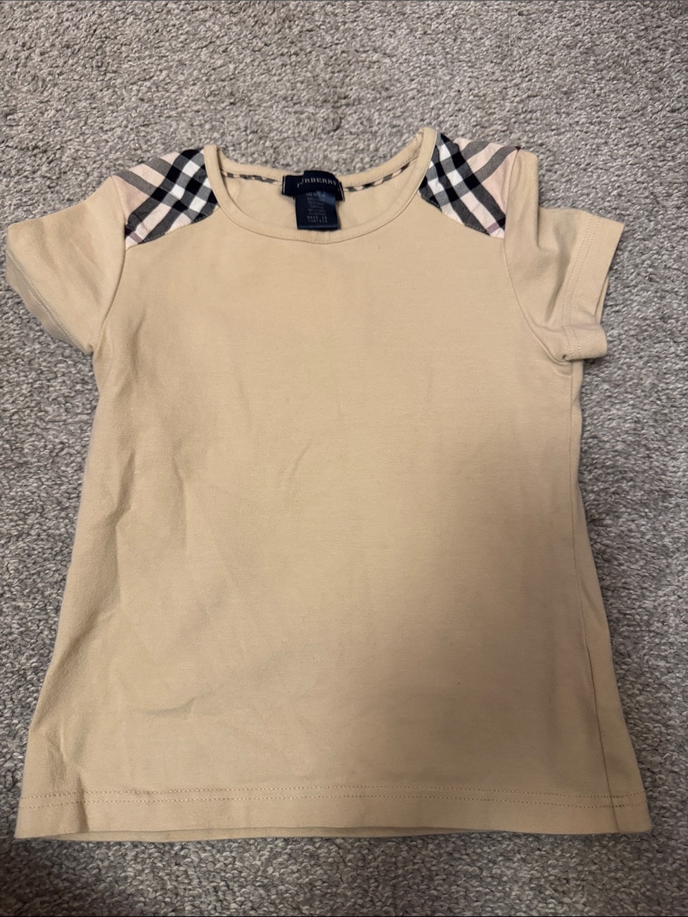 Burberry Beige Cotton Short Sleeve Tee with Signature Check Shoulder Panels